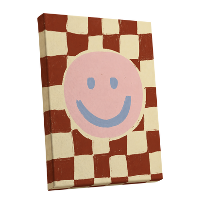 Chequered Cheer, pink, blue, brown abstract wall art shown as a stretched canvas wall art
