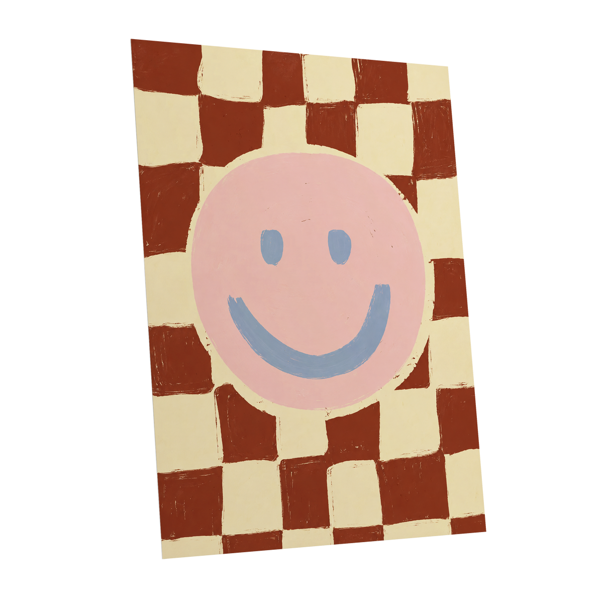 Chequered Cheer, pink, blue, brown abstract wall art shown as a unframed poster wall art print