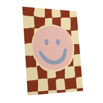 Chequered Cheer, pink, blue, brown abstract wall art shown as a unframed poster wall art print