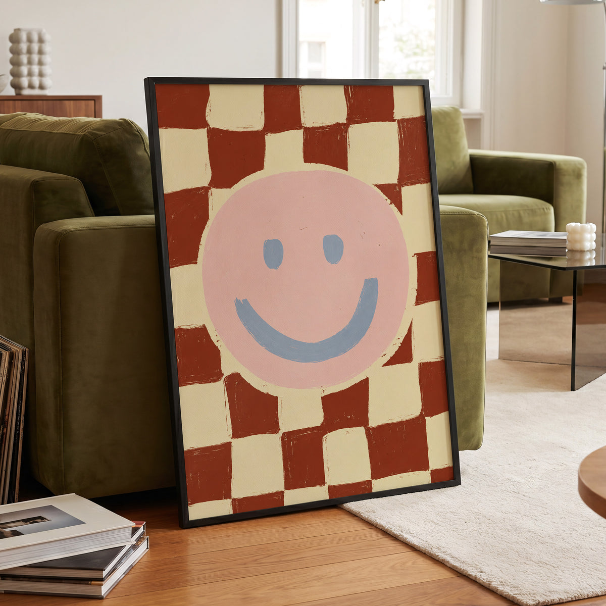 Chequered Cheer, pink, blue, brown abstract wall art displayed in a styled interior, gallery view 2