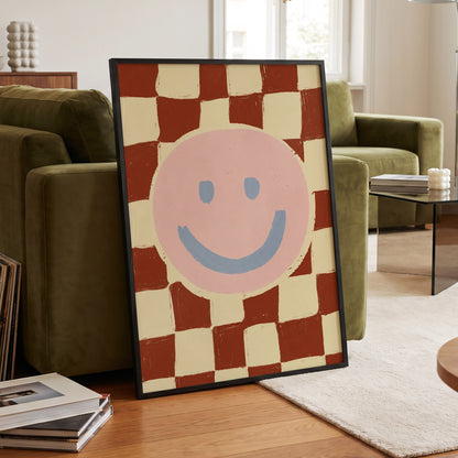 Chequered Cheer, pink, blue, brown abstract wall art displayed in a styled interior, gallery view 2