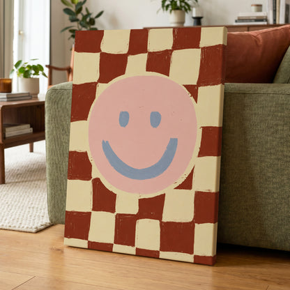 Chequered Cheer, pink, blue, brown abstract wall art displayed in a styled interior, gallery view 3
