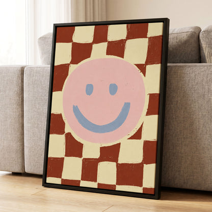 Chequered Cheer, pink, blue, brown abstract wall art displayed in a styled interior, gallery view 4