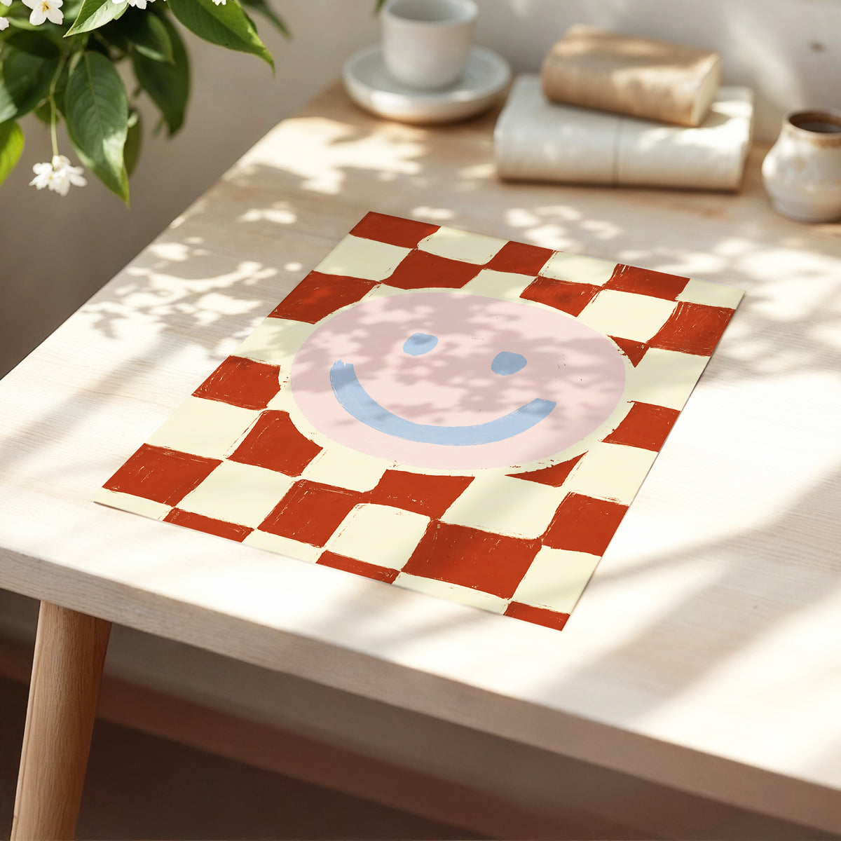 Chequered Cheer, pink, blue, brown abstract wall art displayed in a styled interior, gallery view 5