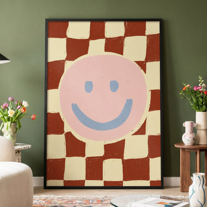 Chequered Cheer, pink, blue, brown abstract wall art displayed in a styled interior, gallery view 6