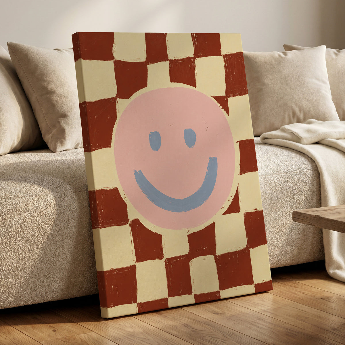 Chequered Cheer, pink, blue, brown abstract wall art displayed in a styled interior, gallery view 7