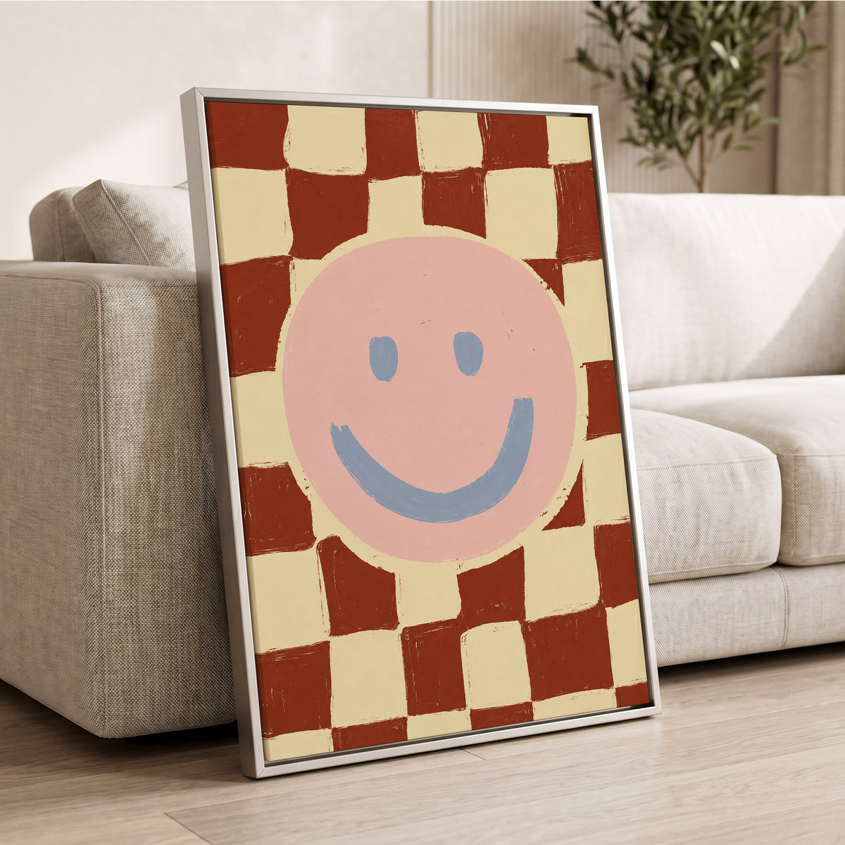 Chequered Cheer, pink, blue, brown abstract wall art displayed in a styled interior, gallery view 8