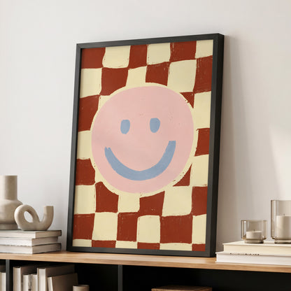 Chequered Cheer, pink, blue, brown abstract wall art displayed in a styled interior, gallery view 9