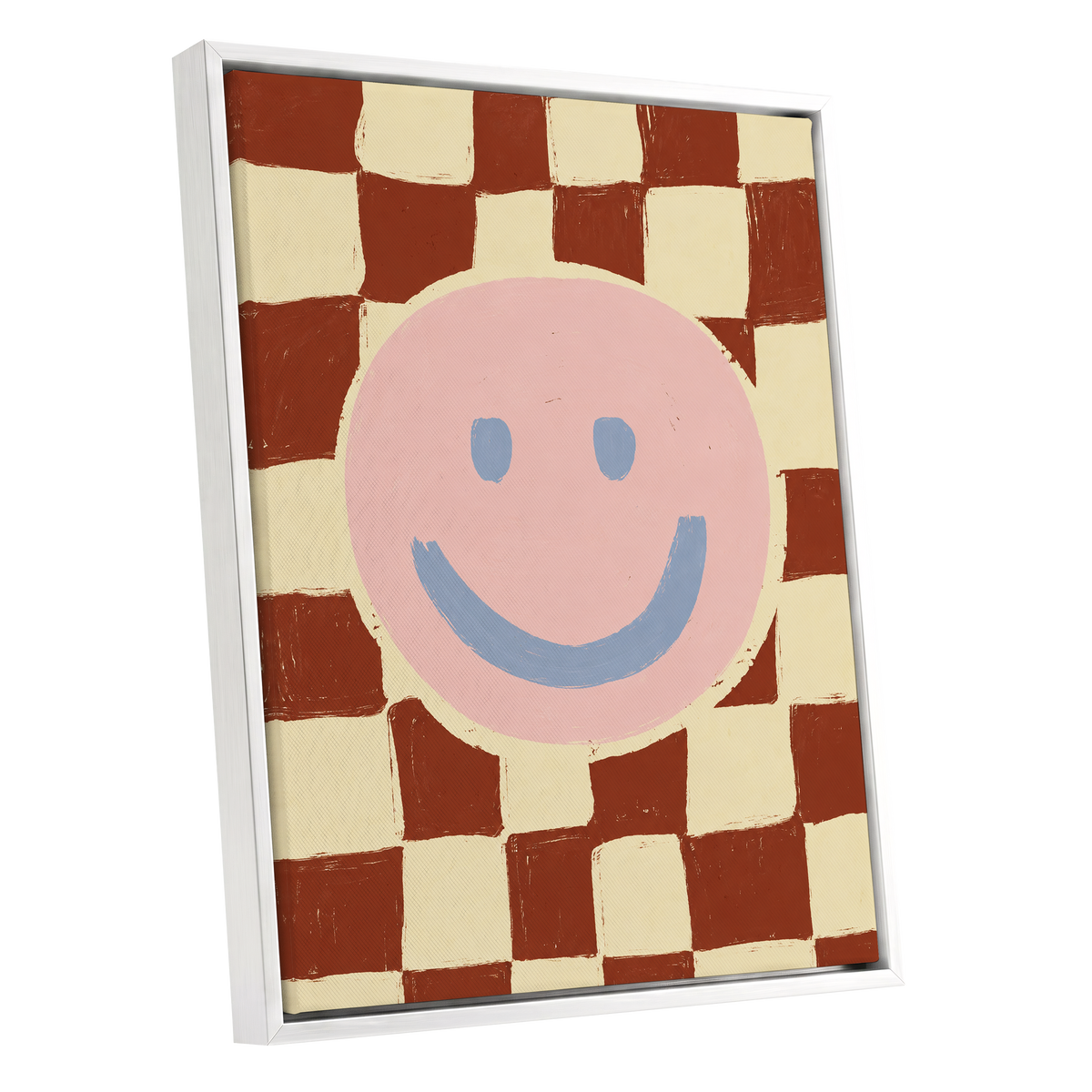 Chequered Cheer, pink, blue, brown abstract wall art shown as a white framed canvas wall art