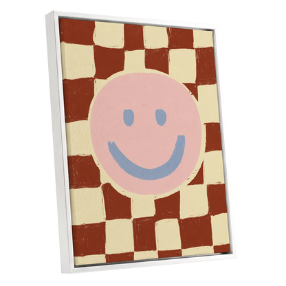 Chequered Cheer, pink, blue, brown abstract wall art shown as a white framed canvas wall art
