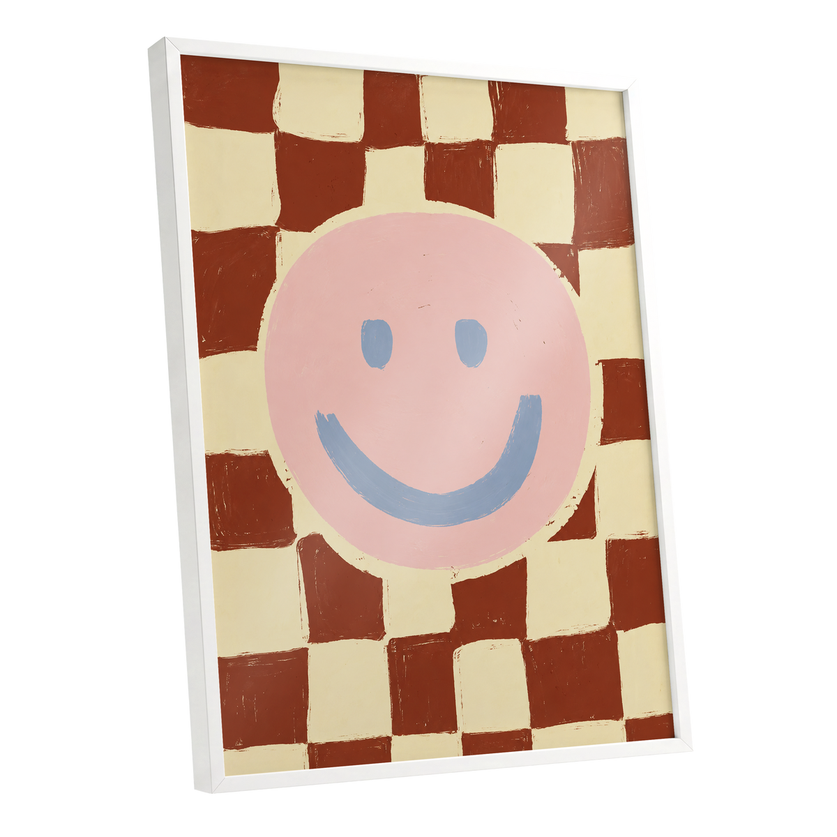 Chequered Cheer, pink, blue, brown abstract wall art shown as a white framed poster wall art print