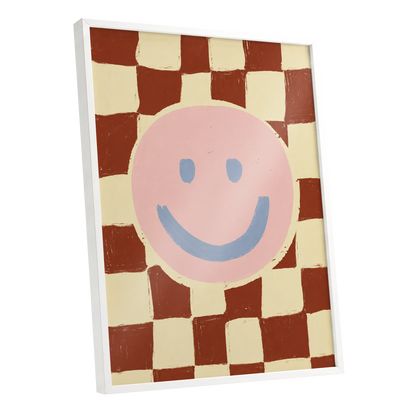 Chequered Cheer, pink, blue, brown abstract wall art shown as a white framed poster wall art print