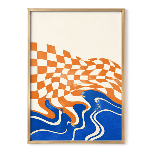 Chequered Current, orange, blue, beige abstract wall art, front artwork view