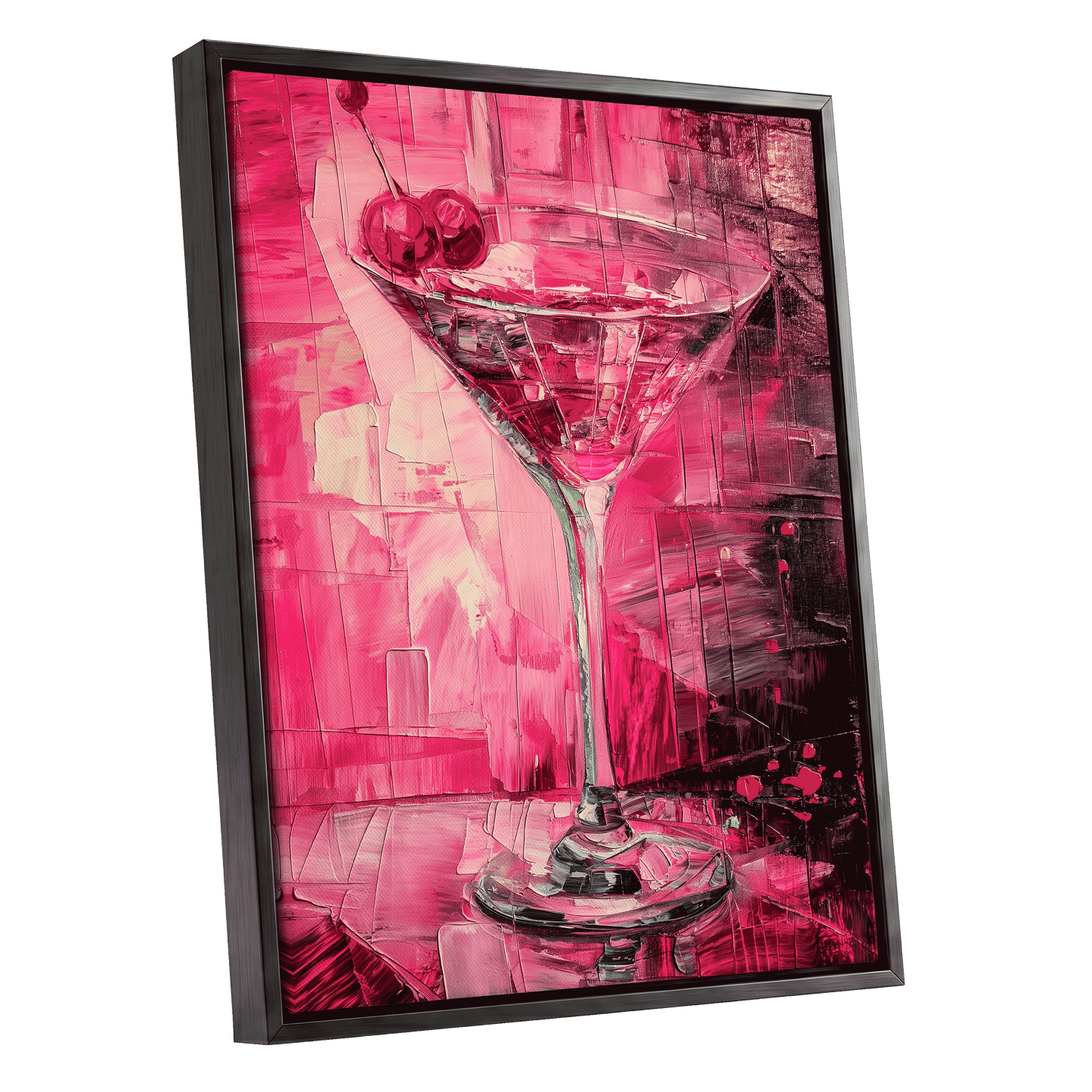 Cherry Afterglow, pink, red, black abstract wall art shown as a black framed canvas wall art