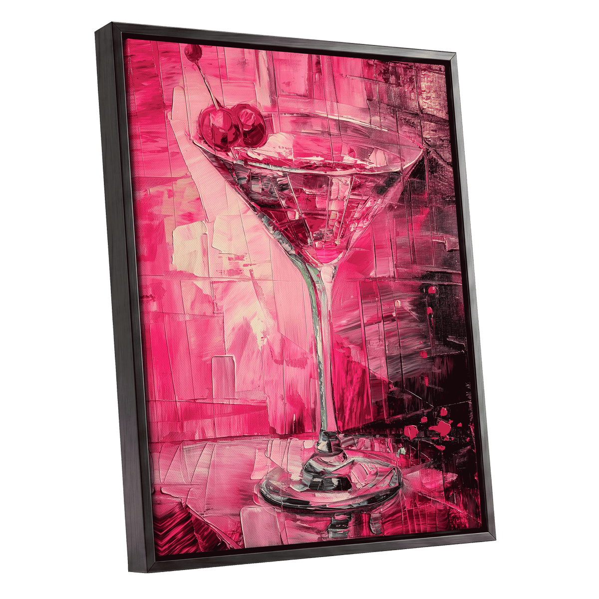 Cherry Afterglow, pink, red, black abstract wall art shown as a black framed canvas wall art