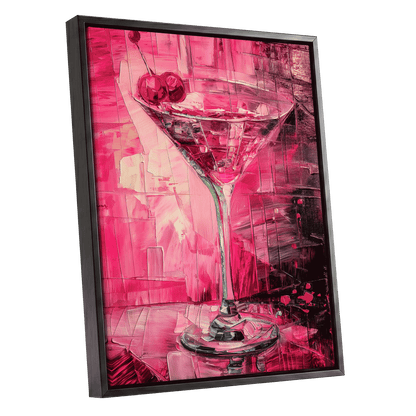 Cherry Afterglow, pink, red, black abstract wall art shown as a black framed canvas wall art