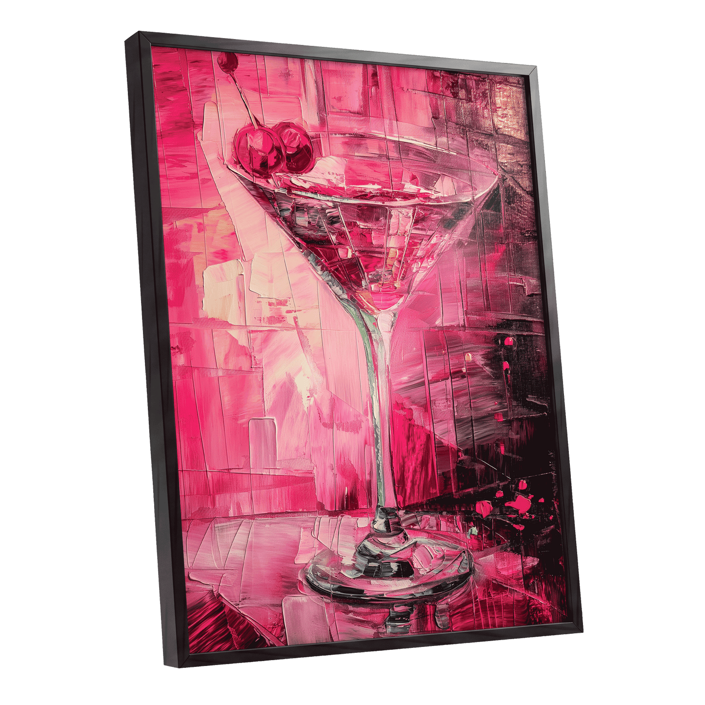 Cherry Afterglow, pink, red, black abstract wall art shown as a black framed poster wall art print