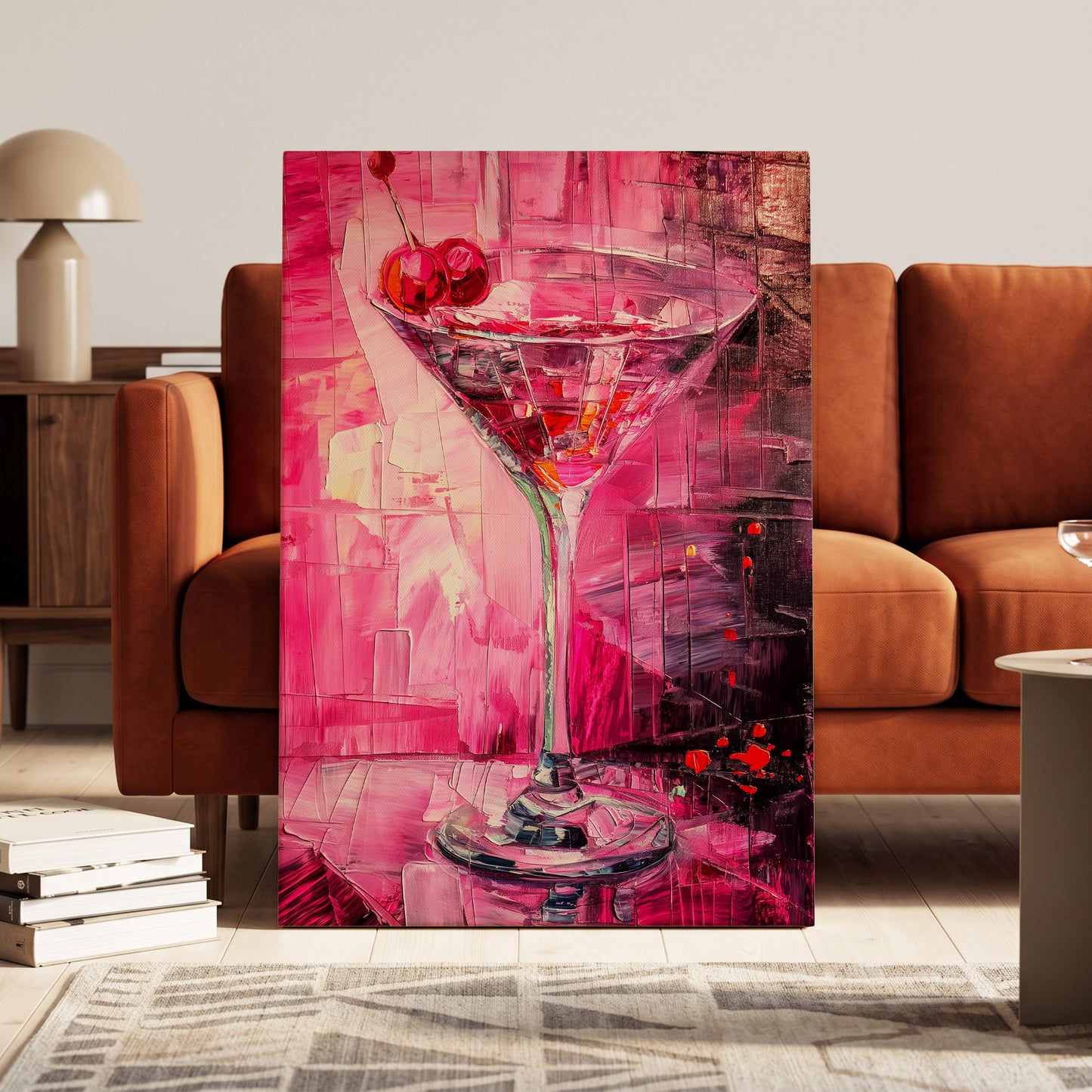 Cherry Afterglow, pink, red, black abstract wall art on canvas displayed in a styled interior, gallery view 1