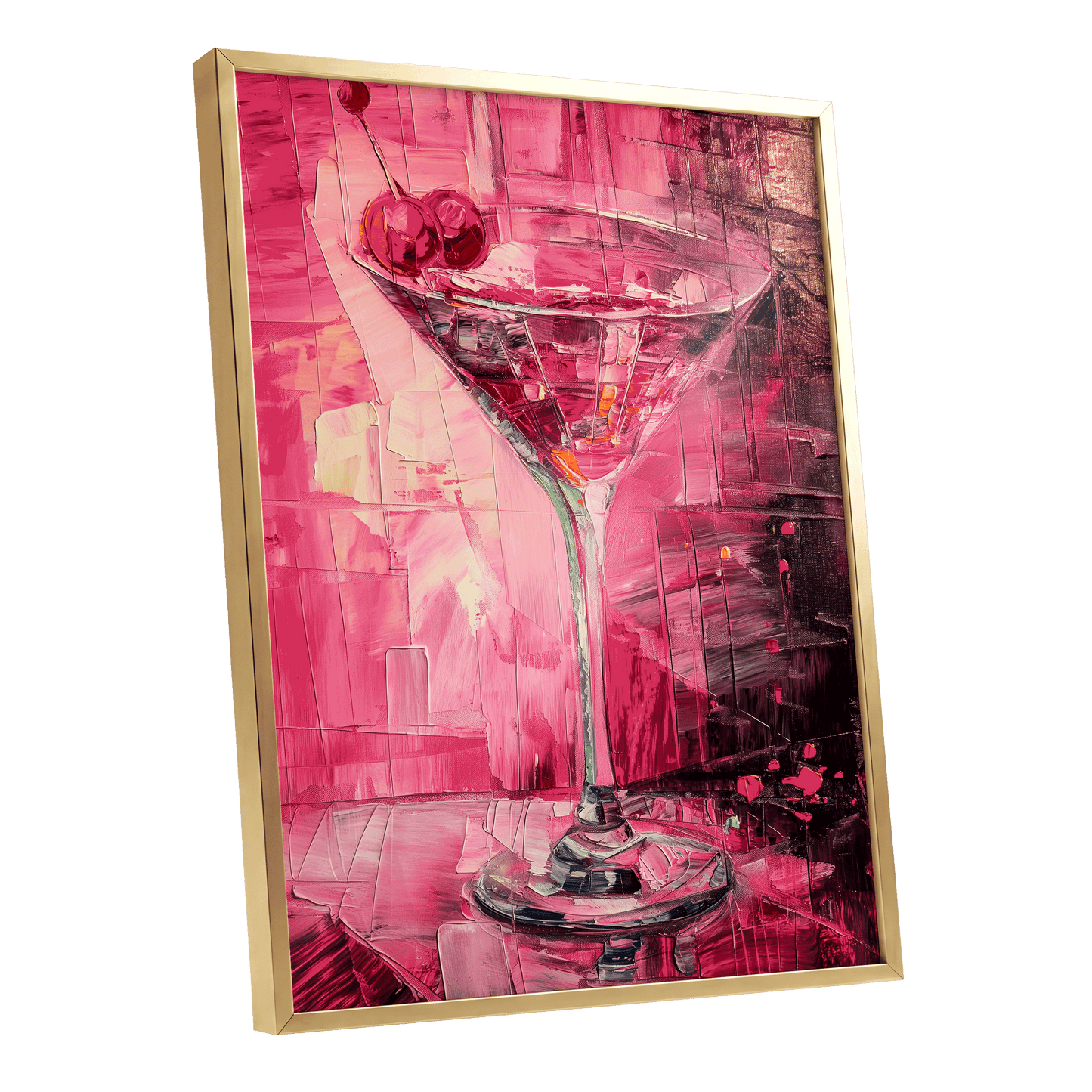 Cherry Afterglow, pink, red, black abstract wall art shown as a gold framed poster wall art print