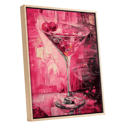 Cherry Afterglow, pink, red, black abstract wall art shown as a oak framed canvas wall art
