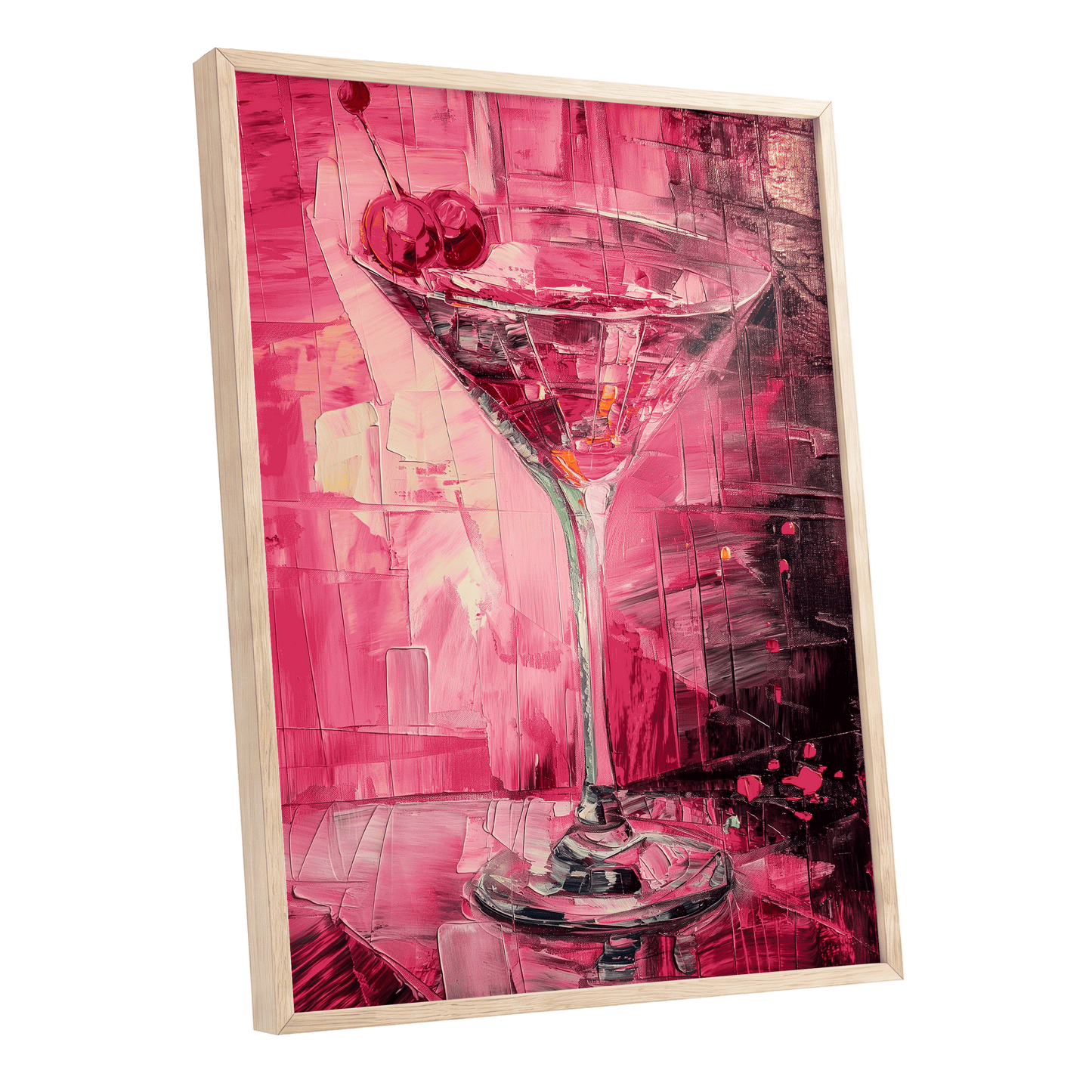 Cherry Afterglow, pink, red, black abstract wall art shown as a oak framed poster wall art print