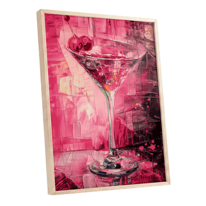 Cherry Afterglow, pink, red, black abstract wall art shown as a oak framed poster wall art print