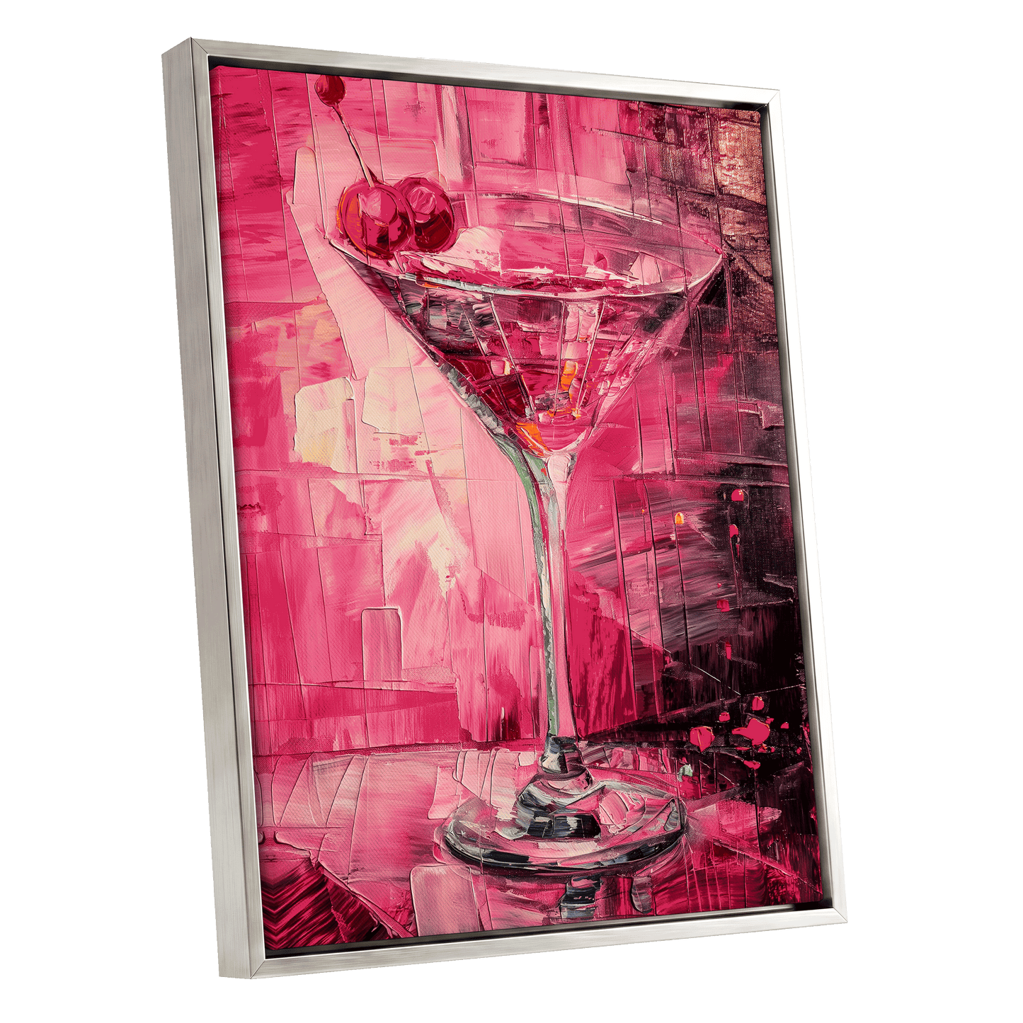 Cherry Afterglow, pink, red, black abstract wall art shown as a silver framed canvas wall art