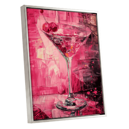 Cherry Afterglow, pink, red, black abstract wall art shown as a silver framed canvas wall art