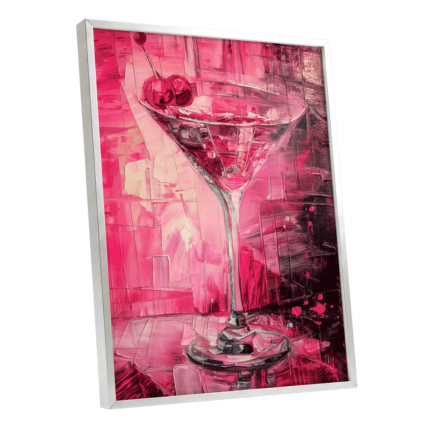 Cherry Afterglow, pink, red, black abstract wall art shown as a silver framed poster wall art print