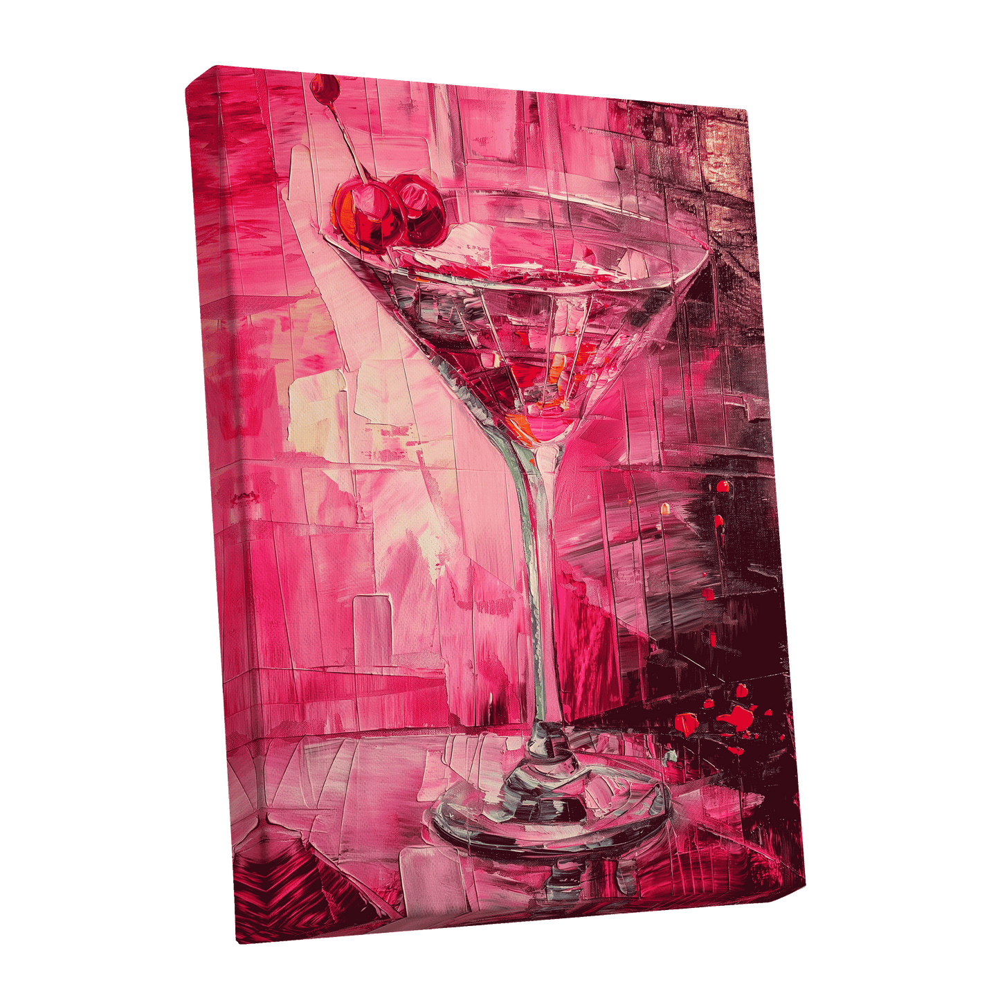 Cherry Afterglow, pink, red, black abstract wall art shown as a stretched canvas wall art