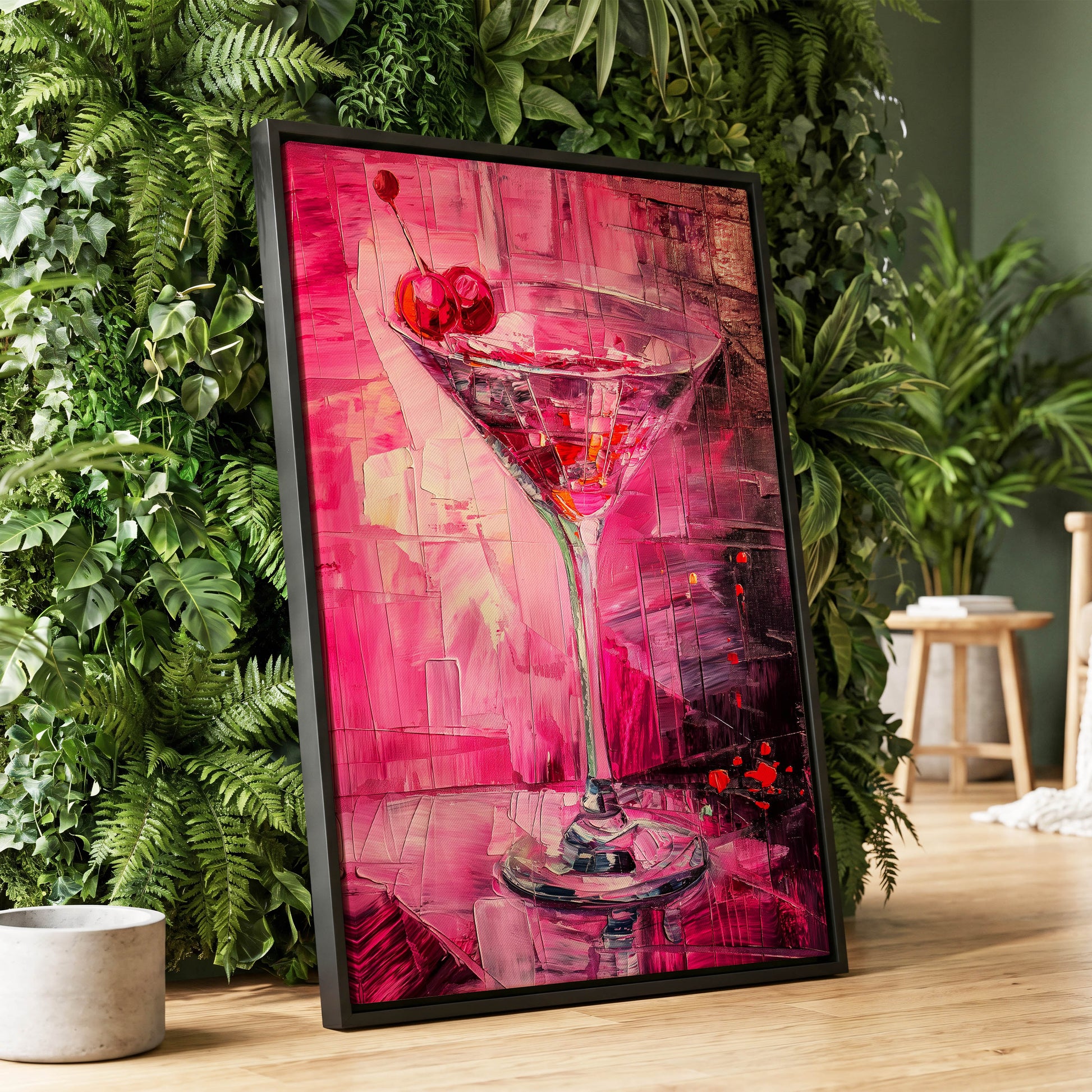 Cherry Afterglow, pink, red, black abstract wall art displayed in a styled interior, gallery view 1