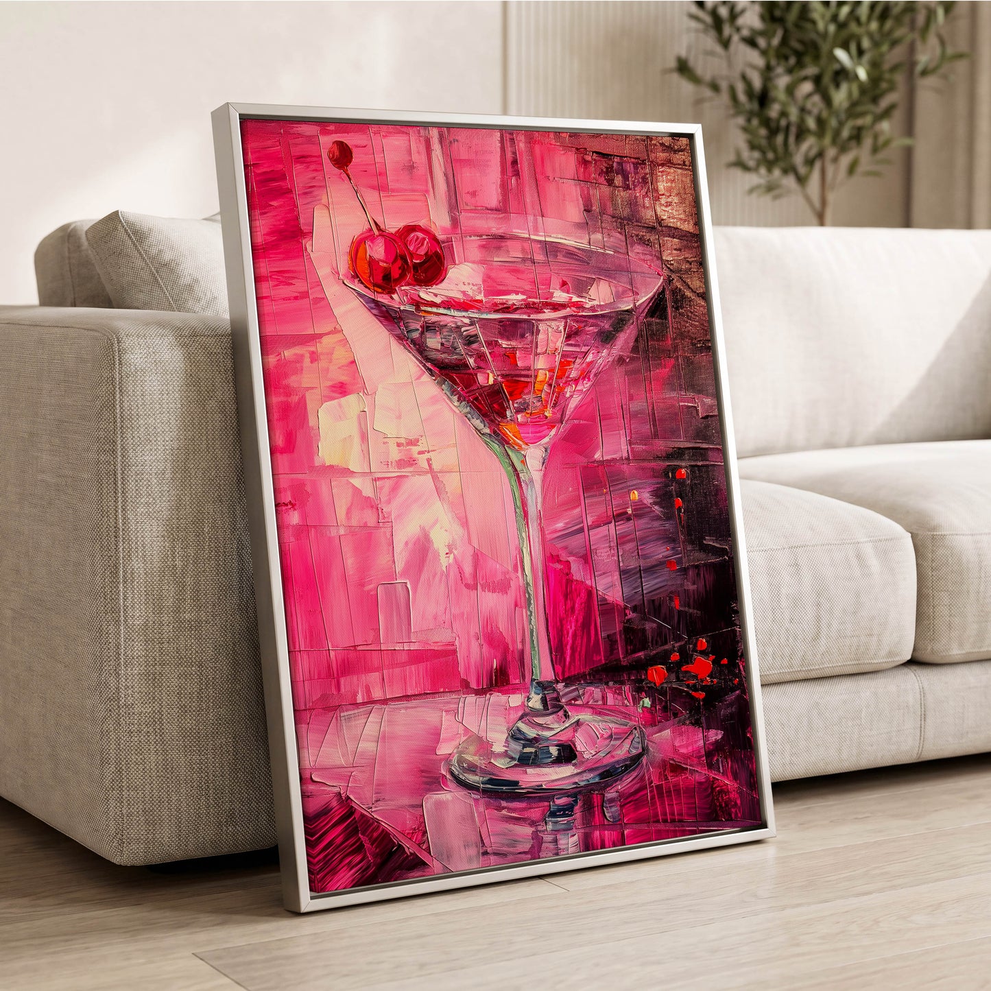 Cherry Afterglow, pink, red, black abstract wall art displayed in a styled interior, gallery view 2