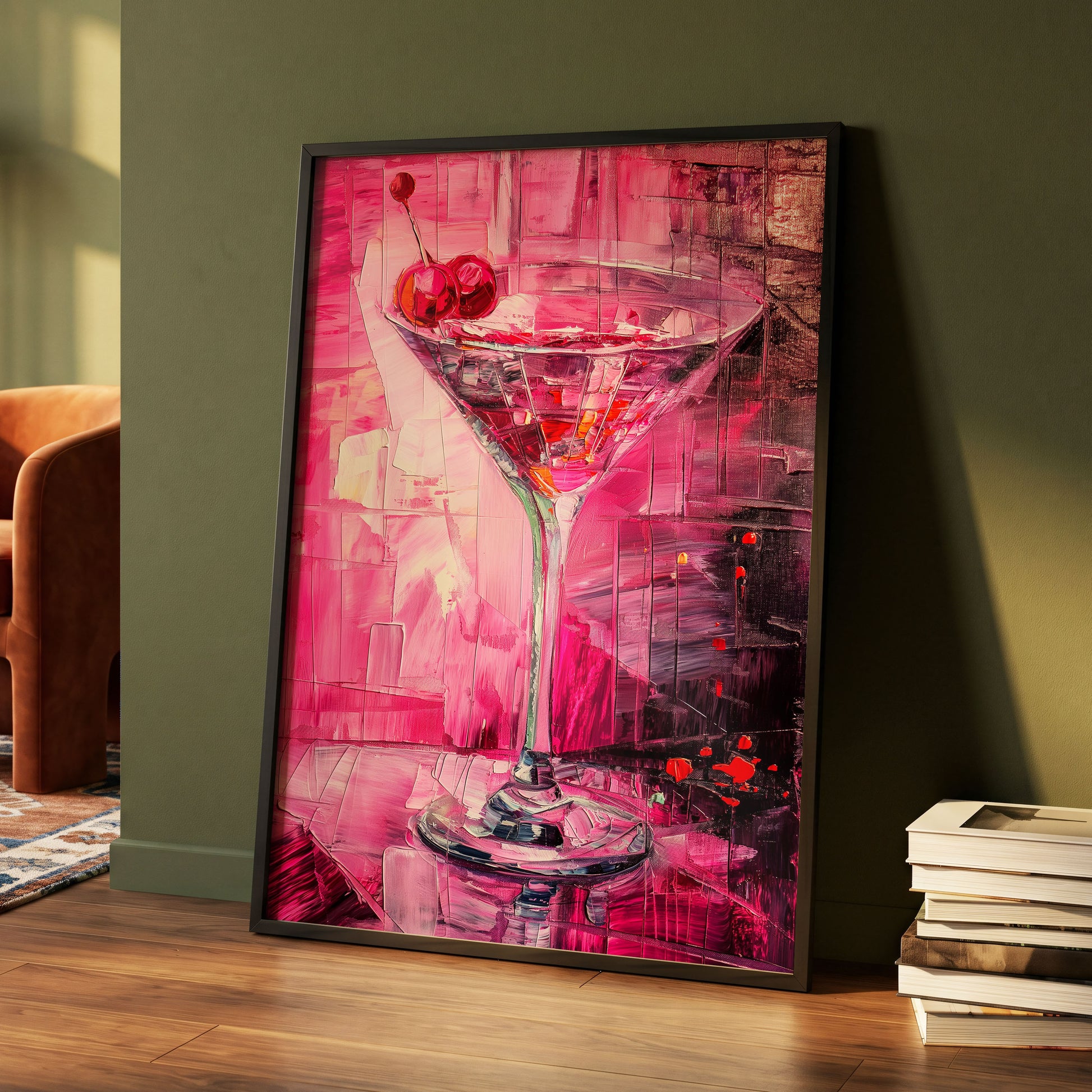 Cherry Afterglow, pink, red, black abstract wall art displayed in a styled interior, gallery view 4