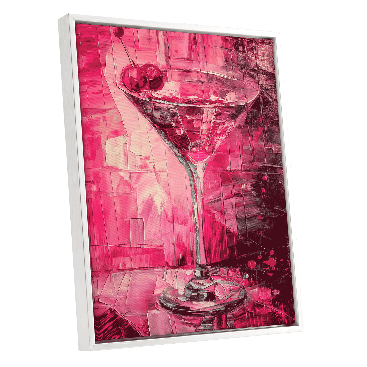 Cherry Afterglow, pink, red, black abstract wall art shown as a white framed canvas wall art