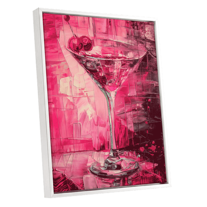 Cherry Afterglow, pink, red, black abstract wall art shown as a white framed canvas wall art