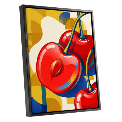 Cherry Pop Geometry, red, yellow, blue nature wall art shown as a black framed canvas wall art