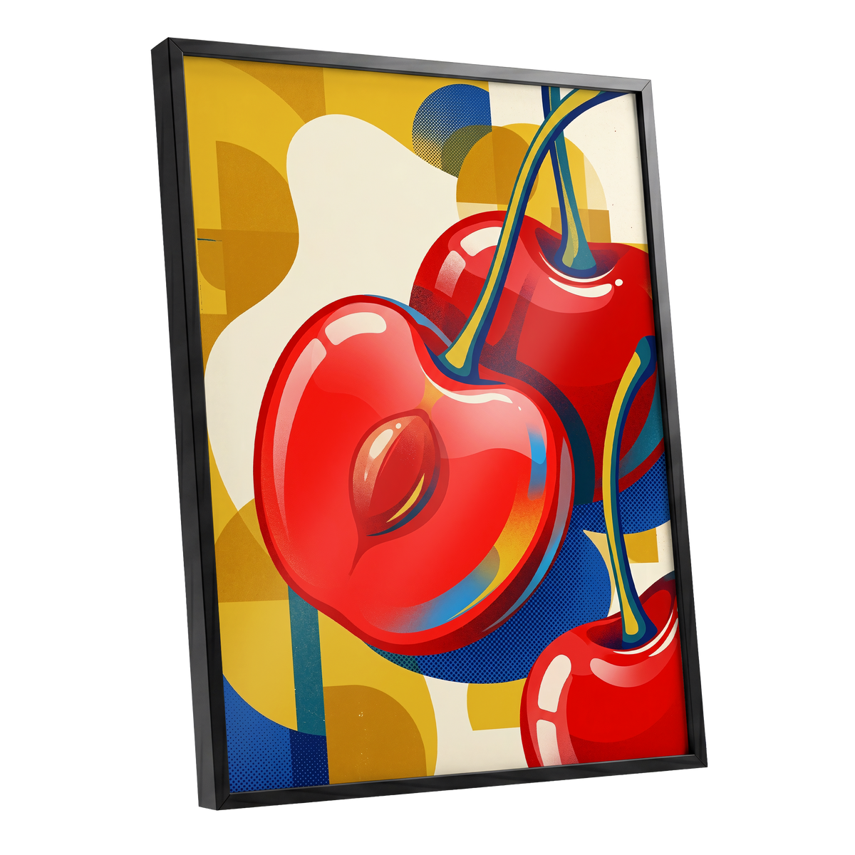 Cherry Pop Geometry, red, yellow, blue nature wall art shown as a black framed poster wall art print
