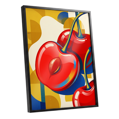 Cherry Pop Geometry, red, yellow, blue nature wall art shown as a black framed poster wall art print