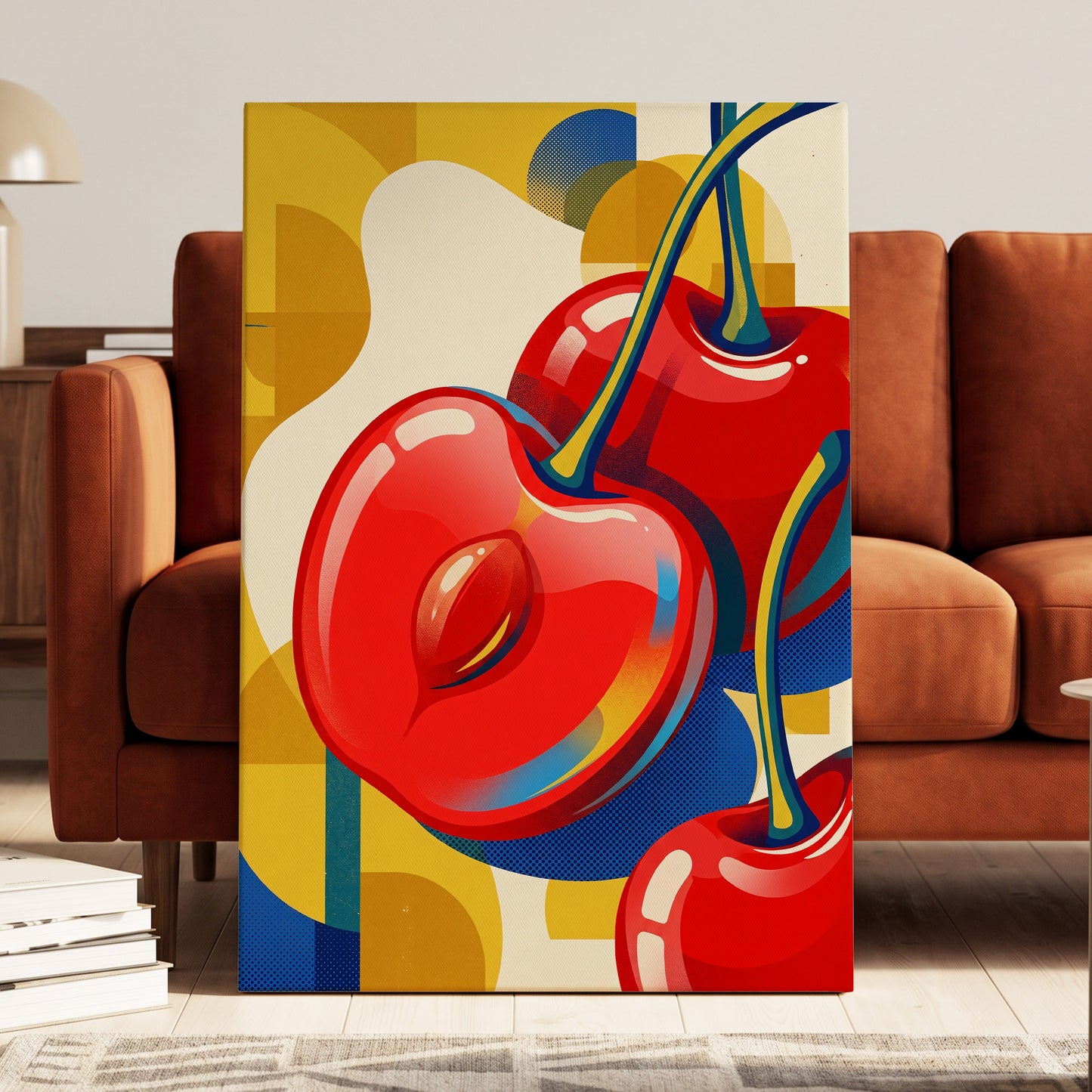 Cherry Pop Geometry, red, yellow, blue nature wall art on canvas displayed in a styled interior, gallery view 1