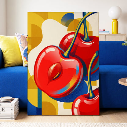 Cherry Pop Geometry, red, yellow, blue nature wall art on canvas displayed in a styled interior, gallery view 2