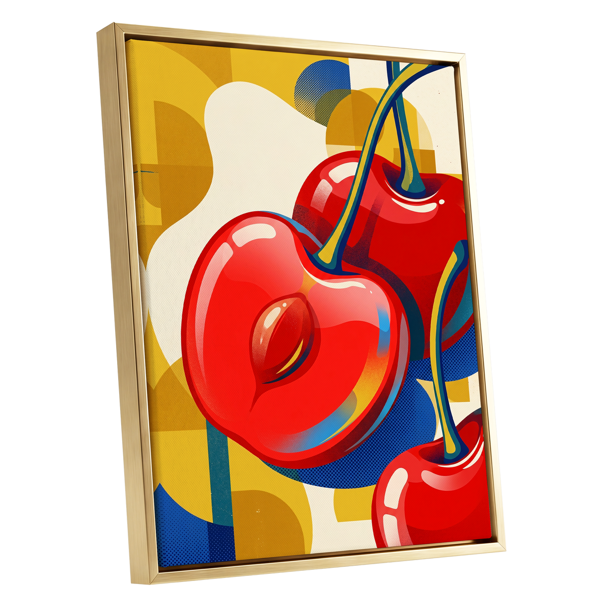 Cherry Pop Geometry, red, yellow, blue nature wall art shown as a gold framed canvas wall art