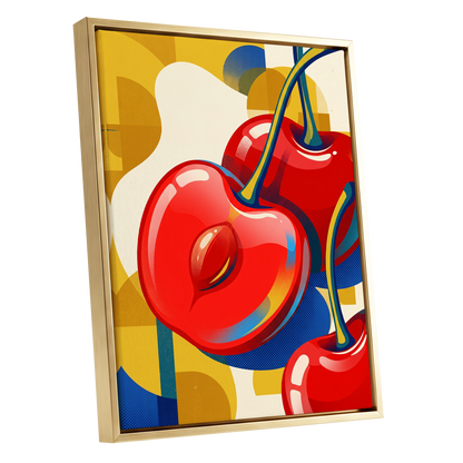 Cherry Pop Geometry, red, yellow, blue nature wall art shown as a gold framed canvas wall art