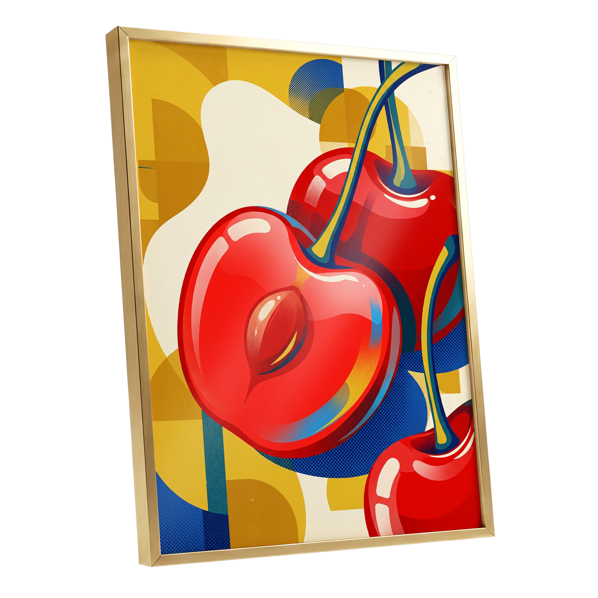Cherry Pop Geometry, red, yellow, blue nature wall art shown as a gold framed poster wall art print