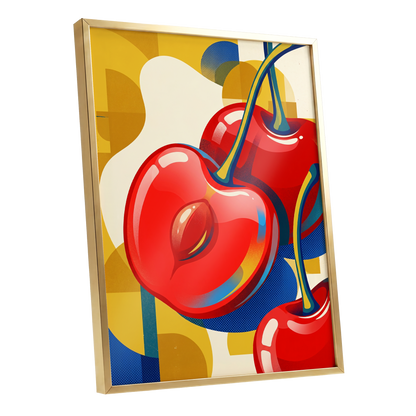 Cherry Pop Geometry, red, yellow, blue nature wall art shown as a gold framed poster wall art print