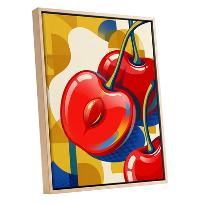 Cherry Pop Geometry, red, yellow, blue nature wall art shown as a oak framed canvas wall art