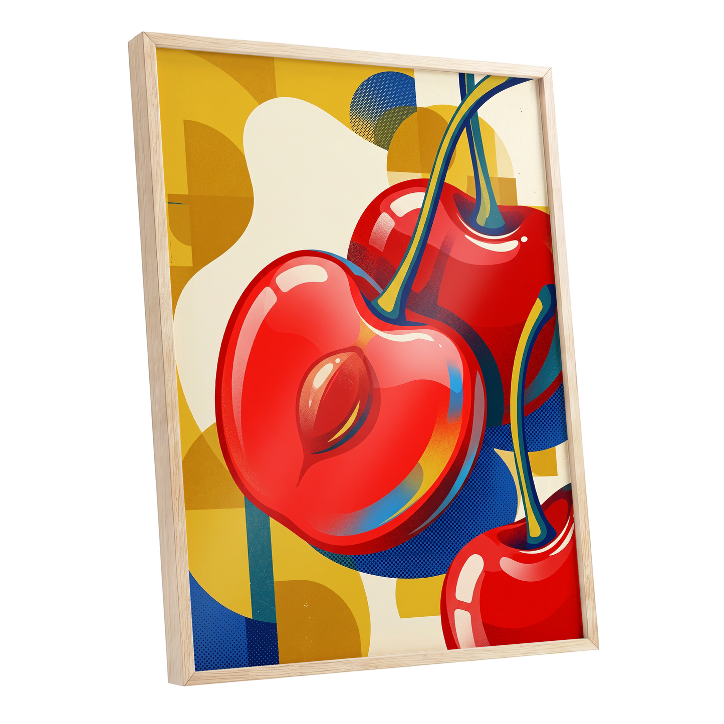 Cherry Pop Geometry, red, yellow, blue nature wall art shown as a oak framed poster wall art print