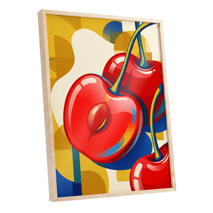 Cherry Pop Geometry, red, yellow, blue nature wall art shown as a oak framed poster wall art print
