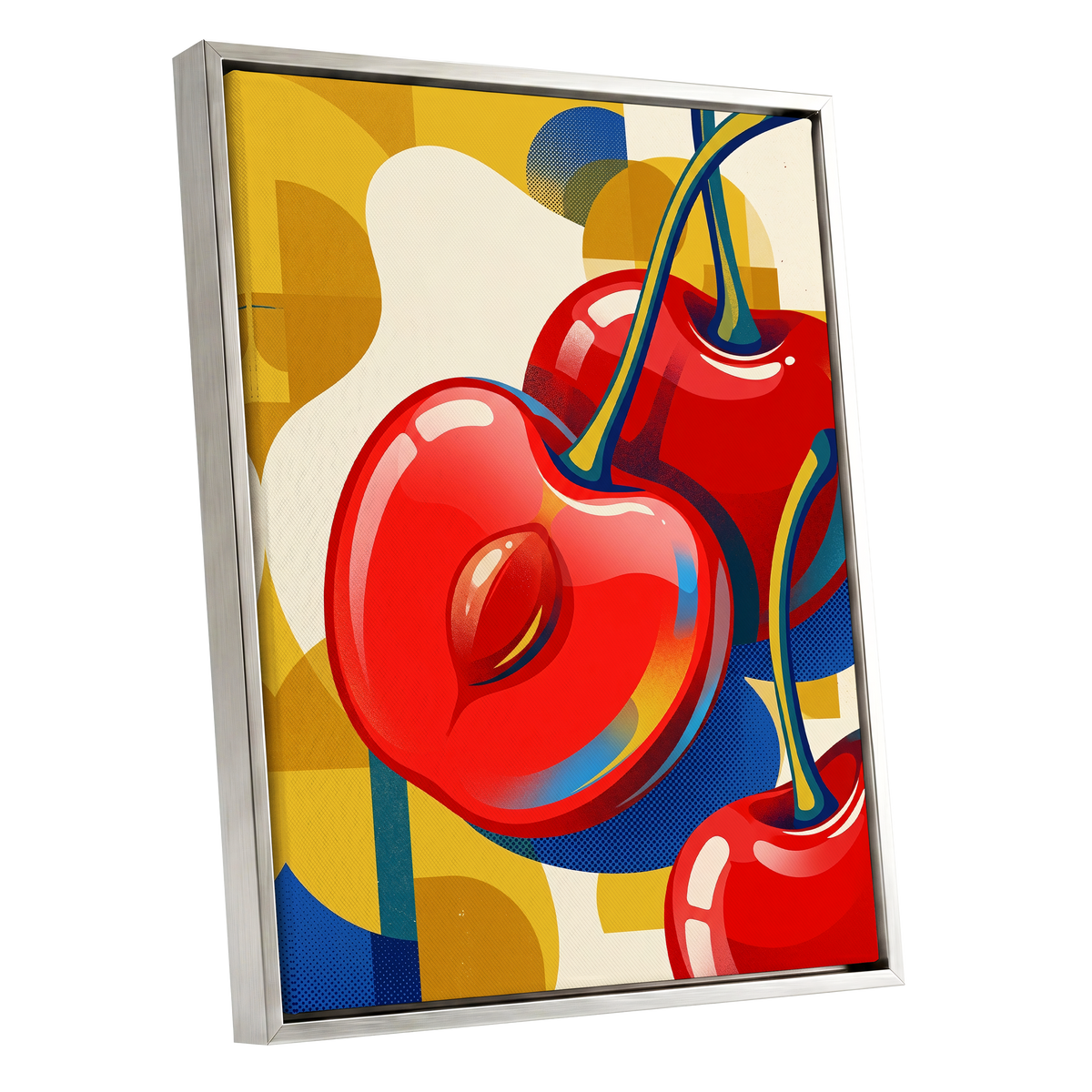 Cherry Pop Geometry, red, yellow, blue nature wall art shown as a silver framed canvas wall art