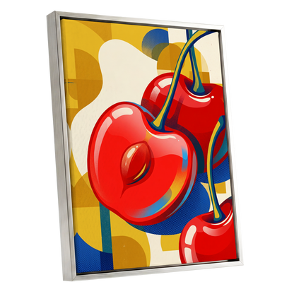 Cherry Pop Geometry, red, yellow, blue nature wall art shown as a silver framed canvas wall art