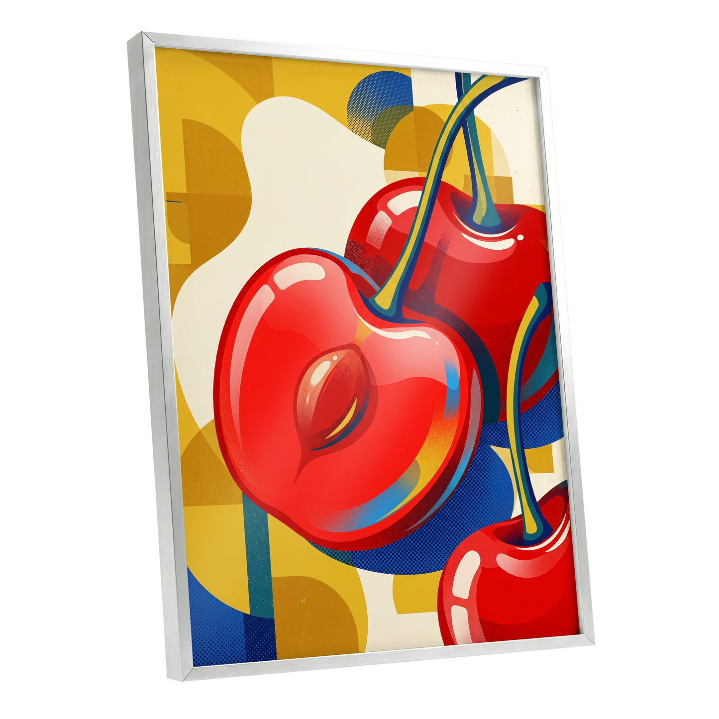 Cherry Pop Geometry, red, yellow, blue nature wall art shown as a silver framed poster wall art print